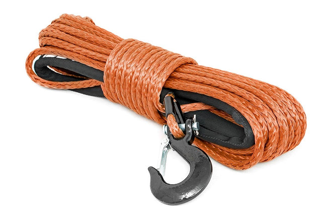 Rough Country Synthetic Rope 85 Feet Rated Up to 16,000 Lbs 3/8 Inch Includes Clevis Hook and Protective Sleeve Orange