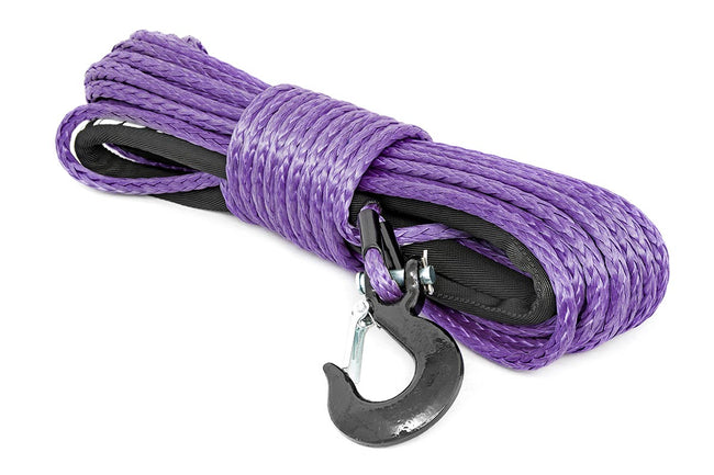 Rough Country Synthetic Rope 85 Feet Rated Up to 16,000 Lbs 3/8 Inch Includes Clevis Hook and Protective Sleeve Purple