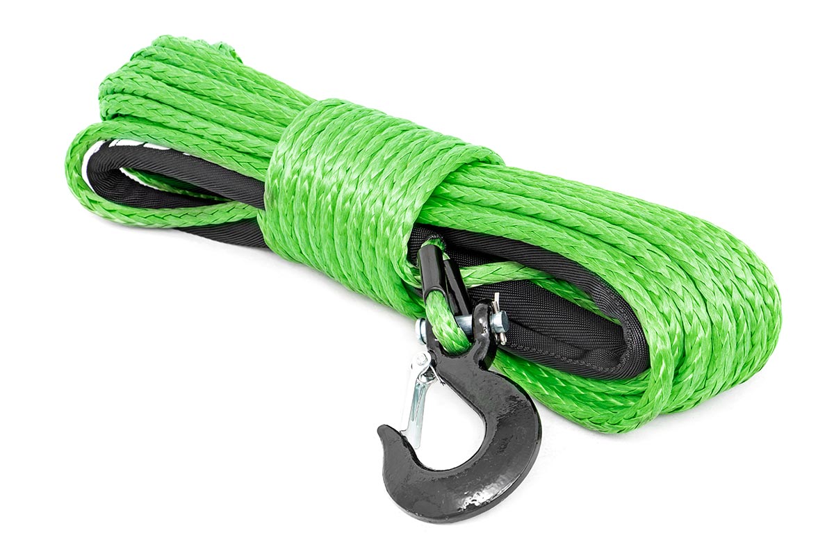 Rough Country Synthetic Rope 85 Feet Rated Up to 16,000 Lbs 3/8 Inch Includes Clevis Hook and Protective Sleeve Green
