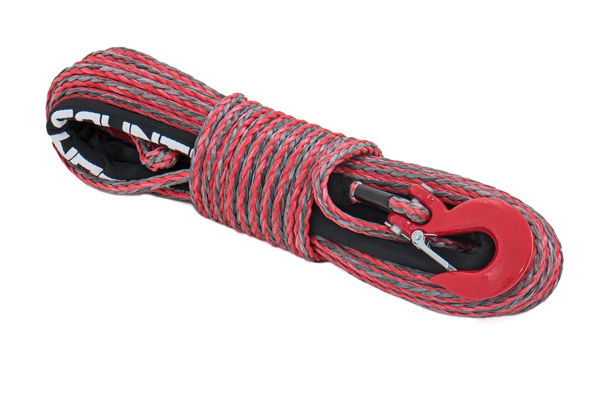 Rough Country Synthetic Rope 85 Feet Rated Up to 16,000 Lbs 3/8 Inch Includes Clevis Hook and Protective Sleeve Red/Grey Combo