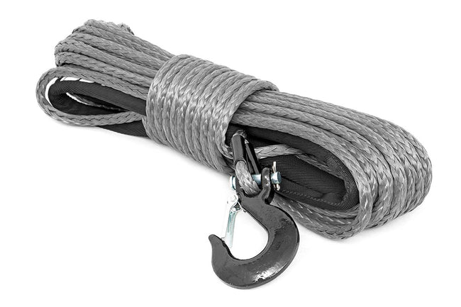 Rough Country Synthetic Rope 85 Feet Rated Up to 16,000 Lbs 3/8 Inch Includes Clevis Hook and Protective Sleeve Grey
