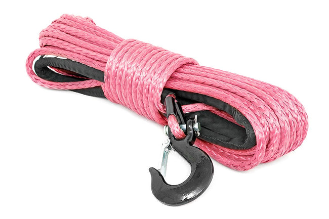 Rough Country Synthetic Rope 85 Feet Rated Up to 16,000 Lbs 3/8 Inch Includes Clevis Hook and Protective Sleeve Pink