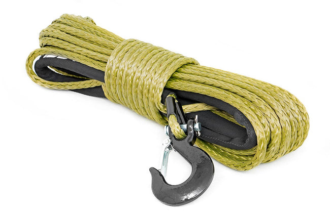 Rough Country Synthetic Rope 85 Feet Rated Up to 16,000 Lbs 3/8 Inch Includes Clevis Hook and Protective Sleeve Army Green