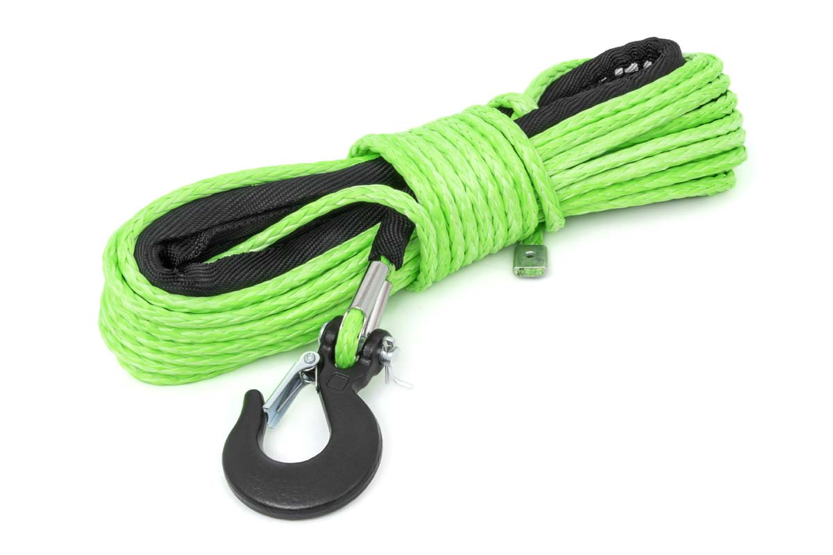 Rough Country 1/4 Inch Synthetic Rope 85 Feet Rated Up to 16,000 Lbs 3/8 Inch Includes Clevis Hook and Protective Sleeve UTV, ATV Green