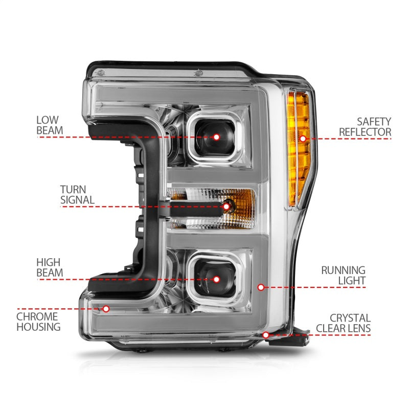 ANZO 17-19 Ford F-250/350/450 SD (w/o Factory LED HL) LED Projector Headlights w/Light Bar Switchback Chrome