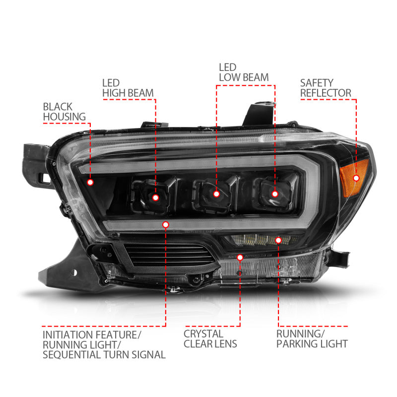 ANZO 16-23 Toyota Tacoma LED Projector Headlights w/ Light Bar Sequential Black Housing w/Initiation
