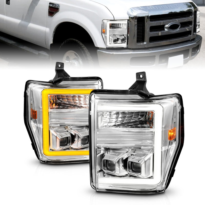 ANZO 08-10 Ford Super Duty Halogen Projector Headlights w/ Light Bar Switchback Chrome Housing