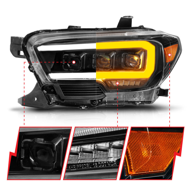 ANZO 16-23 Toyota Tacoma LED Projector Headlights w/ Light Bar Sequential Black Housing w/Initiation