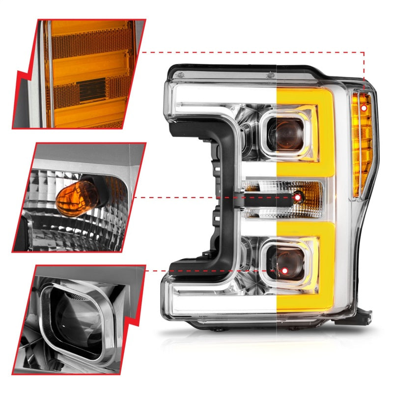 ANZO 17-19 Ford F-250/350/450 SD (w/o Factory LED HL) LED Projector Headlights w/Light Bar Switchback Chrome