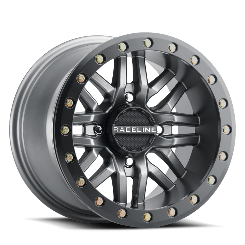 Raceline A91G Ryno 14x7in 4x137 BP 10mm Offset 110.18mm Bore - Gunmetal & Black Ring Beadlock Wheel