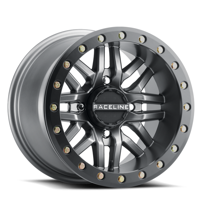 Raceline A91G Ryno 14x7in 4x137 BP 10mm Offset 110.18mm Bore - Gunmetal & Black Ring Beadlock Wheel